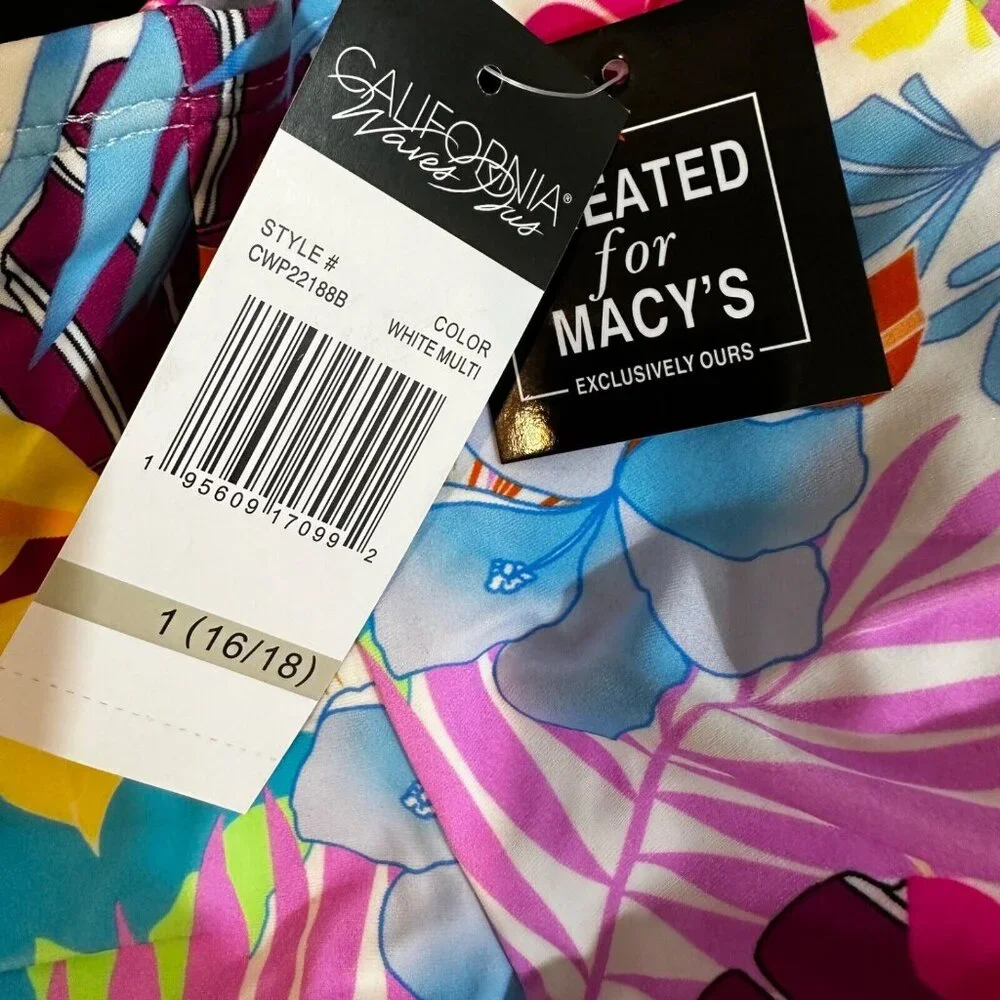 California Waves Plus Size 1 (16/18) Tropical Print High-Waist Bikini Bottom NWT